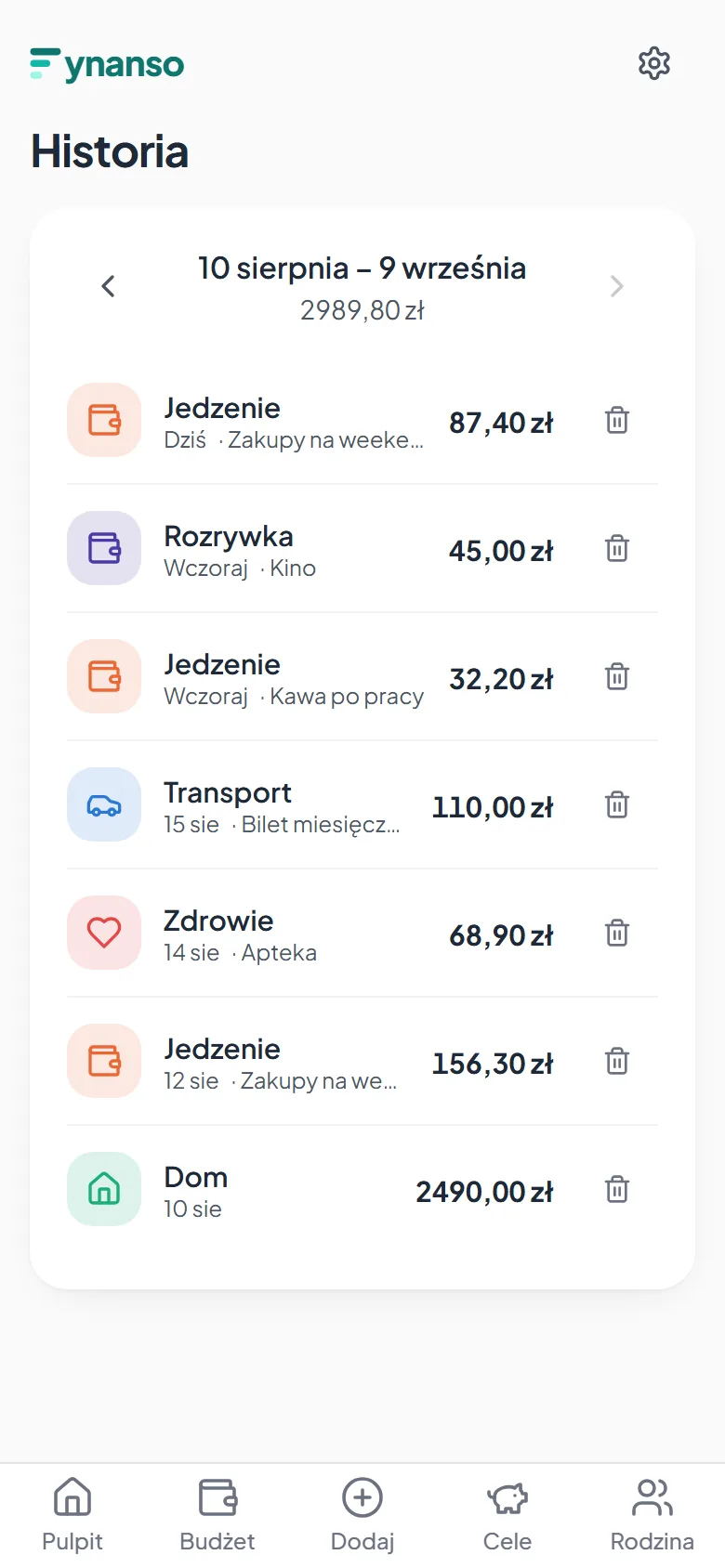 Historia wydatków w Fynanso: lista pozycji z kategoriami, opisami i kwotami, u góry suma 2989,80 zł za okres od 10 sierpnia do 9 września.